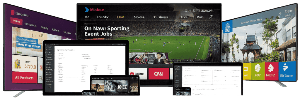 A collection of smart TVs, tablets, and smartphones displaying the NordsTV streaming interface, showcasing live sports, movies, and TV shows across multiple devices
